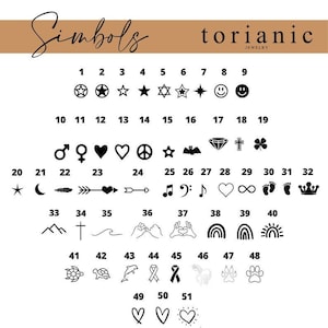 May include: A black and white chart titled Simbols by torianic jewelry displaying 51 numbered icons including stars, hearts, crosses, animals, celestial shapes, musical notes, and symbols like peace signs, infinity loops, and footprints.