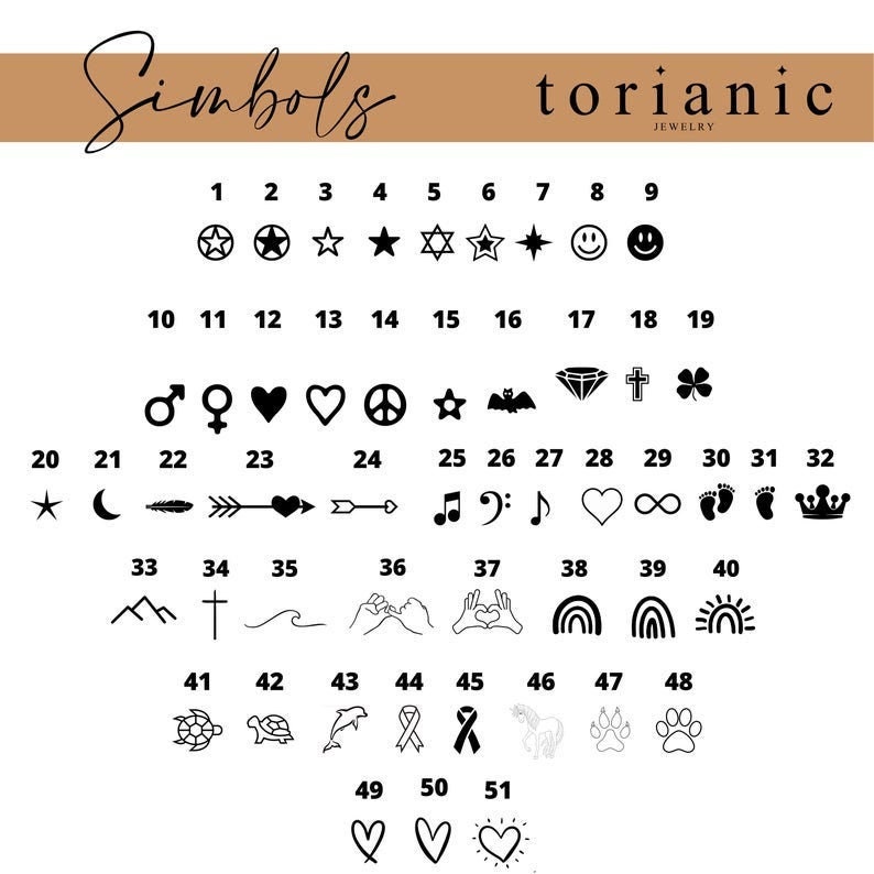 May include: A black and white chart titled Simbols by torianic jewelry displaying 51 numbered icons including stars, hearts, crosses, animals, celestial shapes, musical notes, and symbols like peace signs, infinity loops, and footprints.
