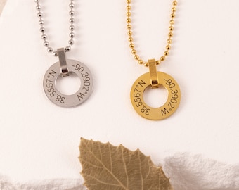 Personalized Coordinates Necklace - Stainless Steel, Engraved GPS Location