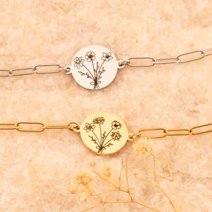 Pulsera personalizada con ramo de flores de nacimiento, cadena con clip, joyería floral para ella, dije de flor de nacimiento personalizado, pulsera de cumpleaños