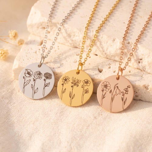 Combined Birth Month Flower Bouquet Necklace, 24 different flowers to choose, Mothers day Jewelry Gift, Best Friend, Birthday Present