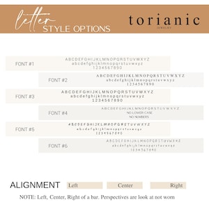 May include: A graphic showing font style options for a jewelry company called "torianic". The image shows six different font styles with uppercase and lowercase letters and numbers. The image also shows three alignment options: left, center, and right.