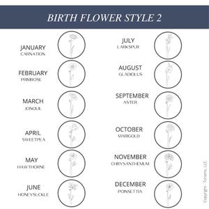 May include: A chart titled BIRTH FLOWER STYLE 2 listing months from January to December with corresponding flower names and line art illustrations in circles. Flowers include carnation, primrose, jonquil, sweetpea, hawthorne, honeysuckle, larkspur, gladiolus, aster, marigold, chrysanthemum, and poinsettia.