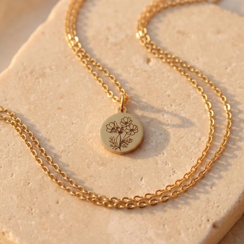 Personalized Birth Flower Necklace, Engraved Floral Pendant, Gold Plated