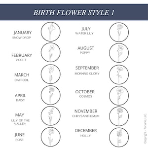 May include: A chart titled BIRTH FLOWER STYLE 1 displaying twelve months from January to December. Each month is paired with its corresponding birth flower name and a black and white line drawing of the flower enclosed in a circular frame.