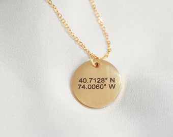 Custom Coordinates Circle Necklace, Personalized Latitude Longitude Jewelry, disc necklace