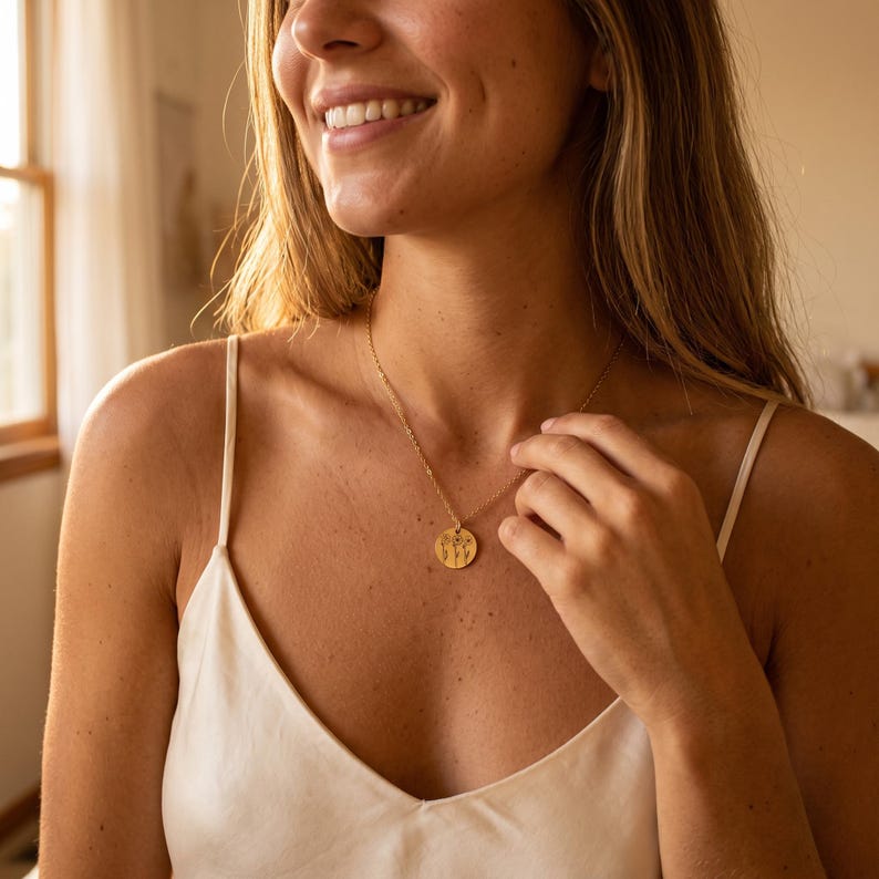 May include: A gold-toned necklace featuring a circular pendant with a delicate, engraved line art illustration of three wildflowers. The pendant hangs from a thin, matching gold-toned chain that rests against the collarbone area.