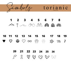 May include: A chart of 26 different symbols, numbered 1 through 26. The symbols include a mountain, a cross, a wave, a hand gesture, a rainbow, a sun, a heart, a peace sign, an infinity symbol, a paw print, a turtle, a musical note, a dolphin, a ribbon, and a butterfly.