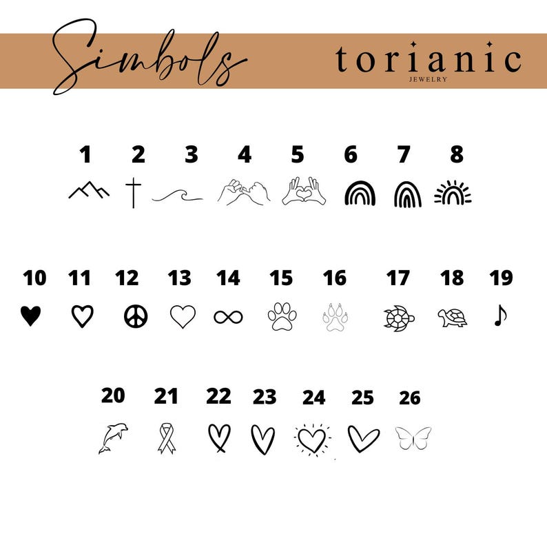 May include: A chart of 26 different symbols, numbered 1 through 26. The symbols include a mountain, a cross, a wave, a hand gesture, a rainbow, a sun, a heart, a peace sign, an infinity symbol, a paw print, a turtle, a musical note, a dolphin, a ribbon, and a butterfly.