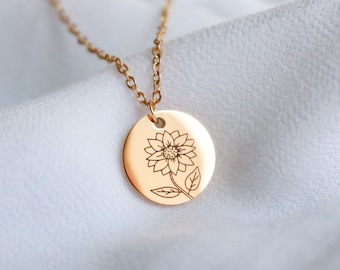 Personalized Sunflower Disc Necklace, Engraved Floral Pendant
