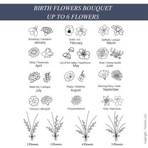 May include: A black and white chart titled BIRTH FLOWERS BOUQUET UP TO 6 FLOWERS, displaying line art illustrations of various birth month flowers labeled by name and month, alongside examples of floral arrangements containing two to five flowers.