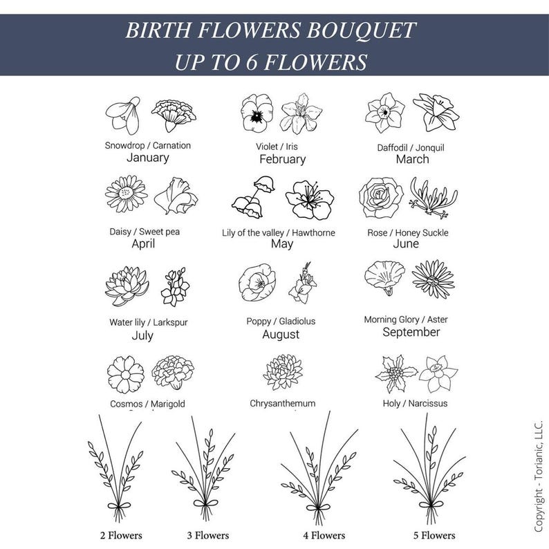 May include: A black and white chart titled BIRTH FLOWERS BOUQUET UP TO 6 FLOWERS, displaying line art illustrations of various birth month flowers labeled by name and month, alongside examples of floral arrangements containing two to five flowers.