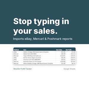 May include: A digital reseller profit tracker for Google Sheets with the text Stop typing in your sales. Imports eBay, Mercari & Poshmark reports. The table displays columns for Platform, Item, Item Sales, and Net Profit for various items.