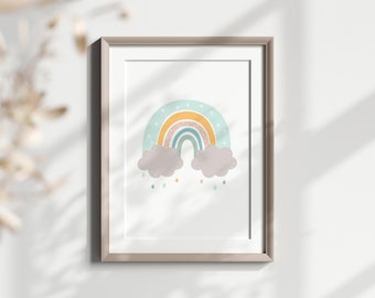 Rainbow Cloud Nursery  Wall Print, ids, Baby room, Playroom, Colourful, Blue, Pink, Green, Baby Girl