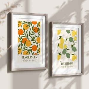 Set of 2 Oranges and Lemons French Art Wall Prints, Marché aux Fruits, Bright, Colourful, Abstract, Botanical, Orange, Yellow, Green