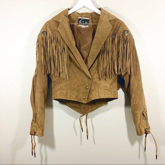 Vintage 80s Western Tan Suede Fringe Jacket