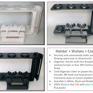 May include: White and black 3D printed Dyson Airwrap holder with shelves and a cord organizer. The holder has six attachment slots and a compartment for the cord. The text "Holster + Shelves + Cord" is visible in the image.