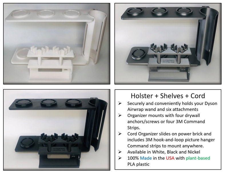 May include: White and black 3D printed Dyson Airwrap holder with shelves and a cord organizer. The holder has six attachment slots and a compartment for the cord. The text "Holster + Shelves + Cord" is visible in the image.