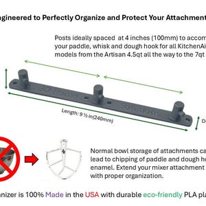 Op de afbeelding: Een grijze 3D Home Solutions organizer voor KitchenAid mixer hulpstukken. Het is 240 mm lang, 26 mm hoog en 18 mm diep. De tekst zegt dat het gemaakt is in de VS met milieuvriendelijk PLA-plastic.