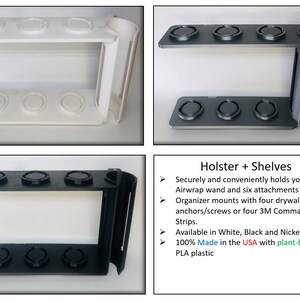 May include: A white and black wall mount organizer for a Dyson Airwrap styler. The organizer has six slots for attachments and a holder for the styler wand. It is made from plant-based PLA plastic and can be mounted with drywall anchors or 3M Command Strips.  "Holster + Shelves" is printed on the image.