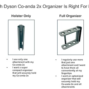 May include: Image comparing two Dyson Co-anda 2x organizer options: a holster and a full organizer. The holster is a compact, dark gray holder. The full organizer is a larger, gray metal structure with multiple attachment slots. Text explains the benefits of each.