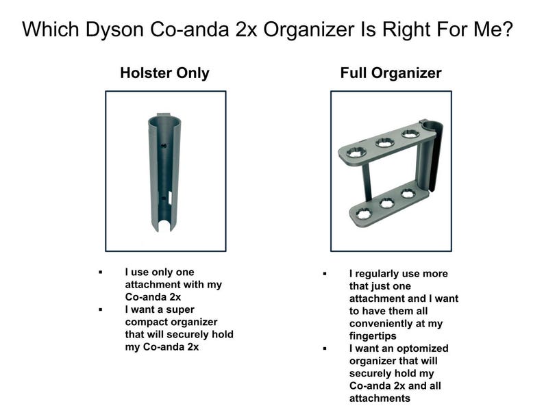 May include: Image comparing two Dyson Co-anda 2x organizer options: a holster and a full organizer. The holster is a compact, dark gray holder. The full organizer is a larger, gray metal structure with multiple attachment slots. Text explains the benefits of each.