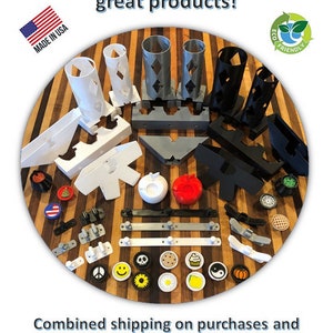May include: A variety of 3D printed products, including bottle holders, wall mounts, and decorative buttons. The products are made in the USA and are eco-friendly. The image also includes the text "Check out our store for all our great products!" and "Combined shipping on purchases and FREE shipping on orders over $35."