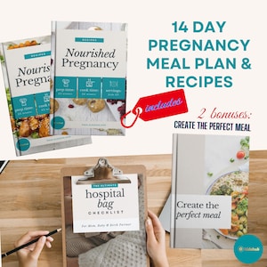 May include: A 14-day pregnancy meal plan and recipes e-book with two bonuses: a hospital bag checklist and a guide to creating the perfect meal. The e-book covers includes meal prep time, cook time, and servings.