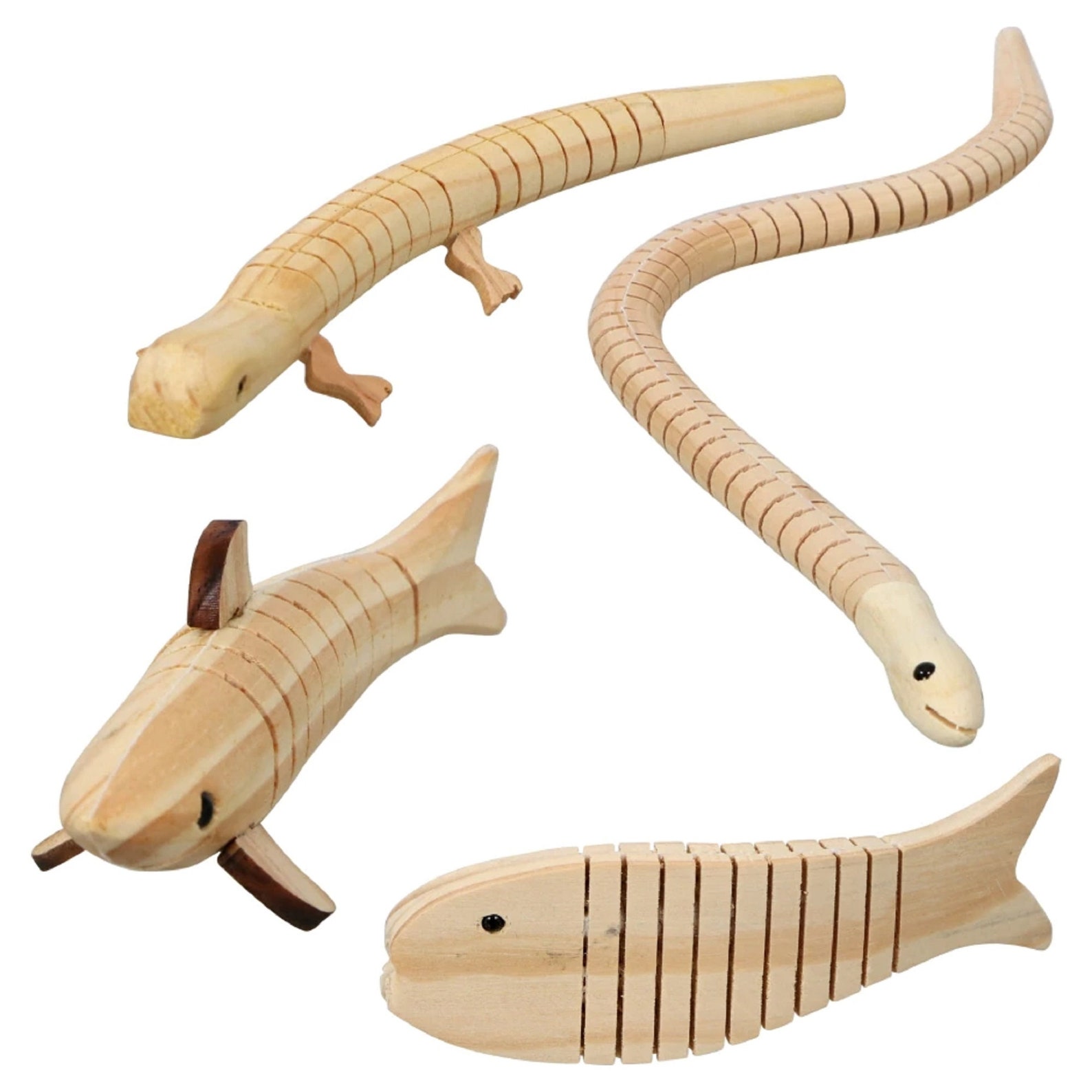 Lot Of 4 Wood Jointed Articulated Craft Toy Fish Snake Shark Etsy