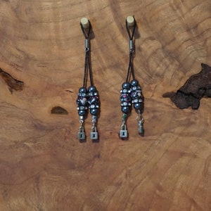 MATURE - Black and pink splatter bead with white rhinestone bead and lock charm, NipSlips, Nipple Ties, Nipple Jewelry