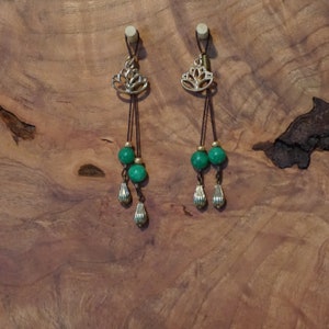 MATURE - Jade Stone Bead with brass metal teardrop and Lotus Flower charm, NipSlips, Nipple Ties, Nipple Jewelry