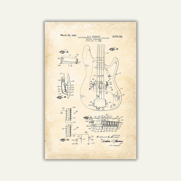 Set of 3 Printable Fender Guitar Poster Digital Acoustic Guitar Gallery Wall Art Vintage Patent Poster Guitar Art Classical Guitar Poster