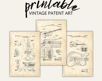 Ensemble de 3 imprimable Fender Guitar Poster Digital Acoustic Guitar Gallery Wall Art vintage Patent Poster Guitar Art Classical Guitar Poster