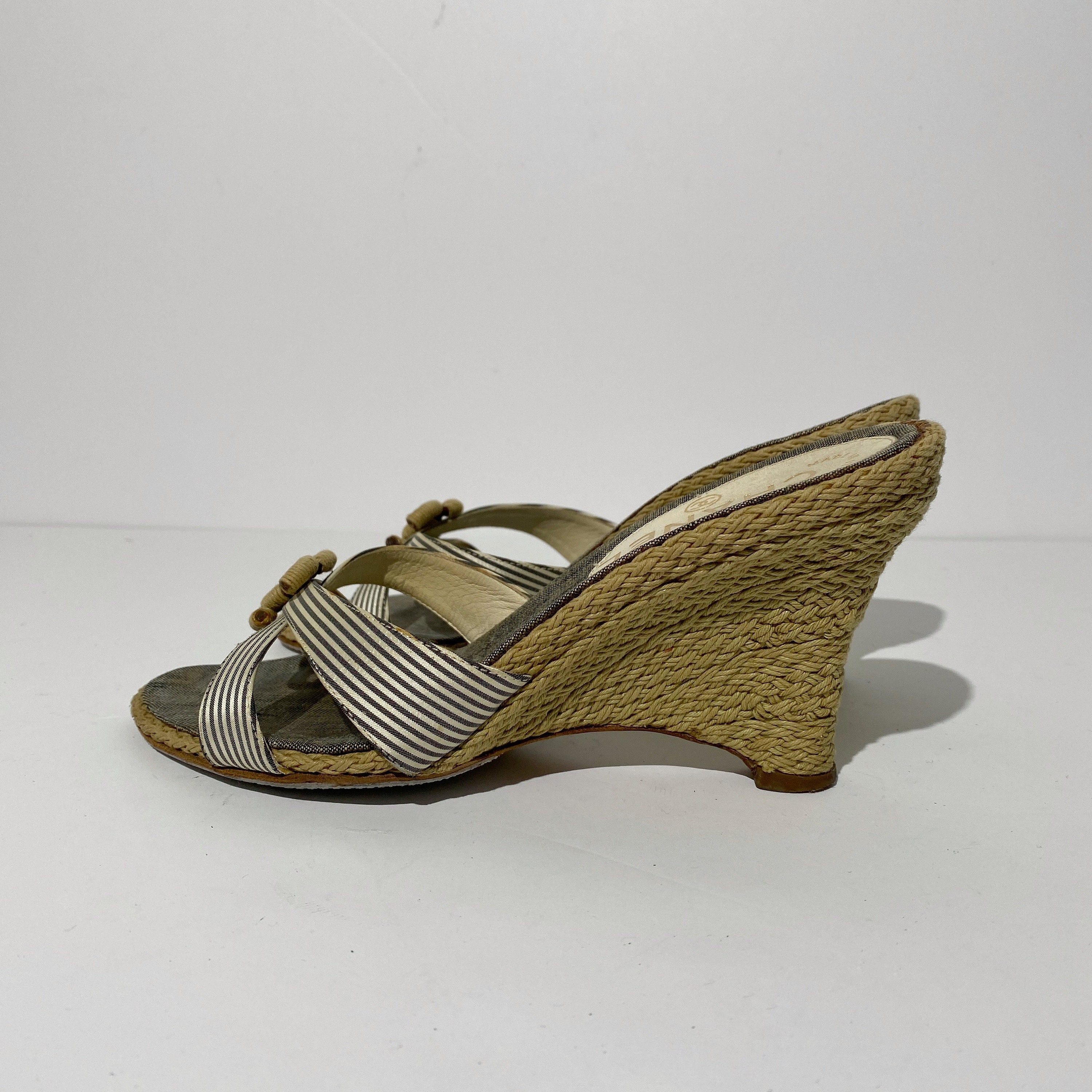Chanel CC Gray Striped Espadrille Wedge Sandals - Etsy