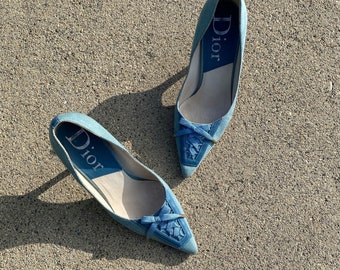 Dior 2002 Spring Denim Lace-up Bow Pointed Toe Pumps