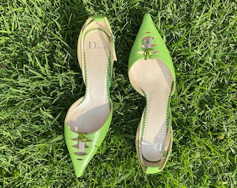 Dior Early 2000s Green / Blue Pointed Toe Kitten Heels