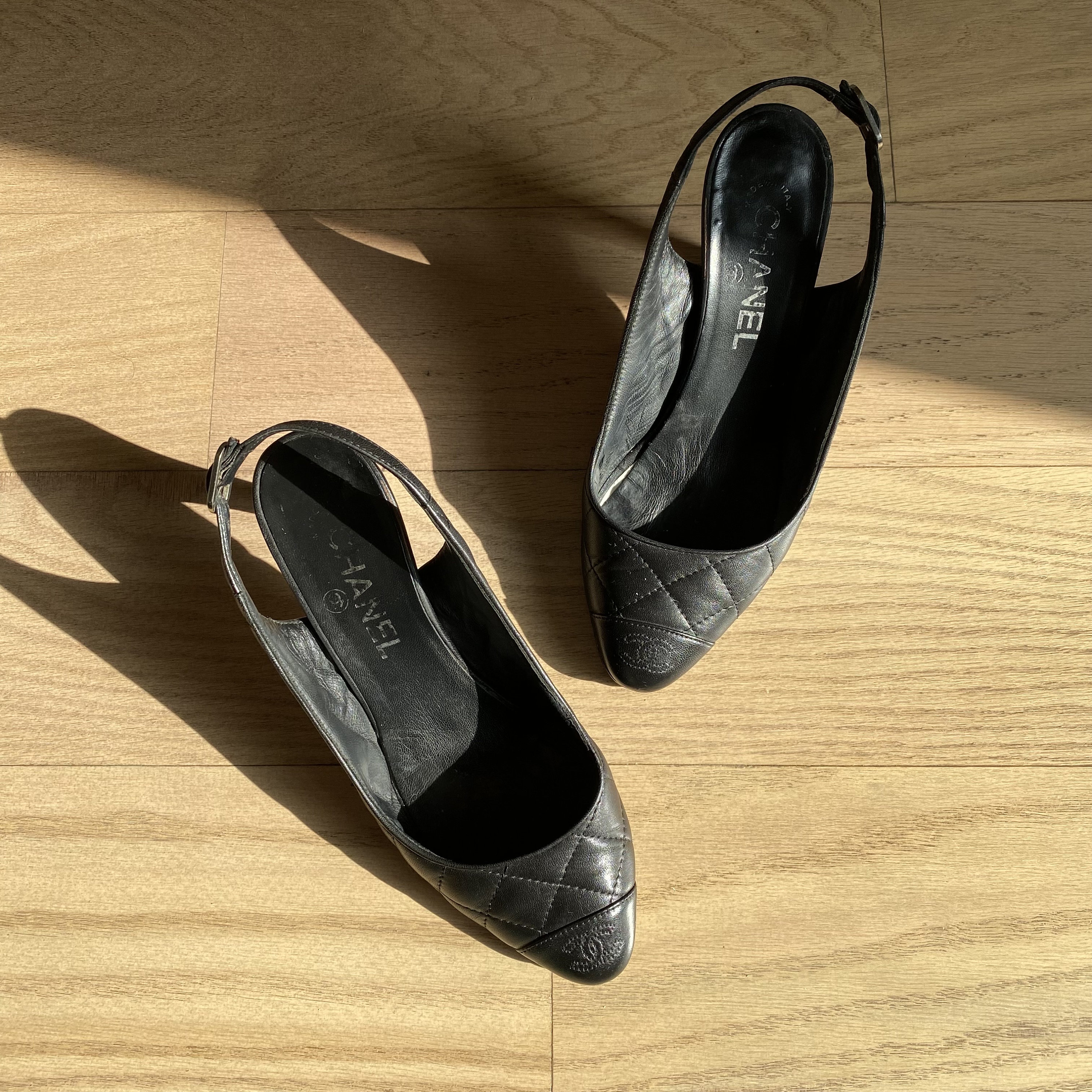 Chanel Black CC Logo Quilted Slingback Heels - Etsy
