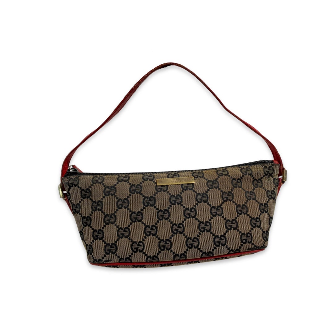 Authentic Gucci Brown / Red Monogram GG Canvas Pochette Boat 