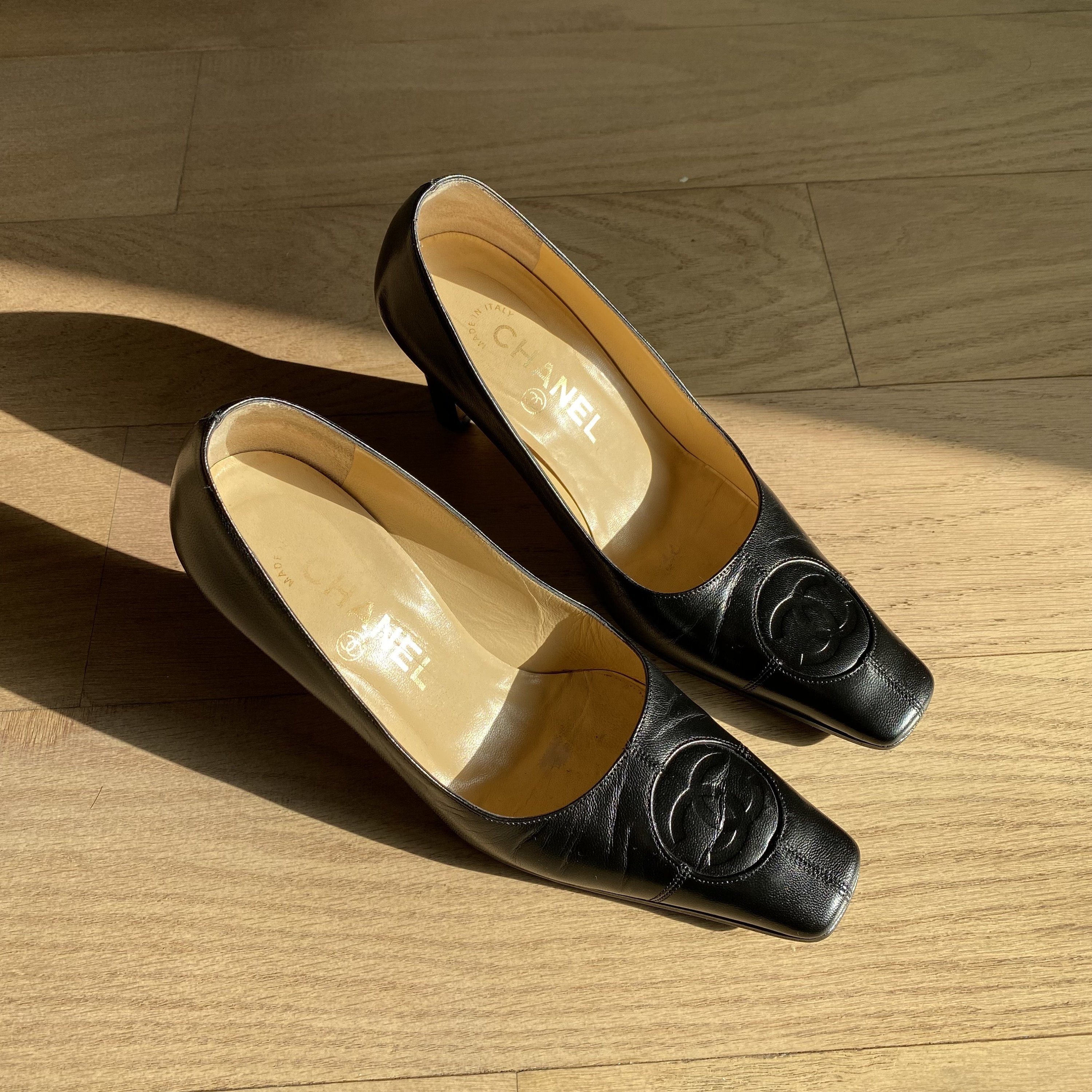 Chanel Black Leather Square Pointed Toe Pumps - Etsy