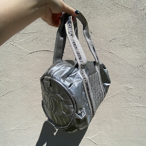 Chanel Sports Line Coco Mark Boston Bag Travel Bag Nylon Silver Black  Authentic