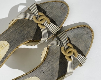 Chanel CC Gray Striped Espadrille Wedge Sandals - Etsy