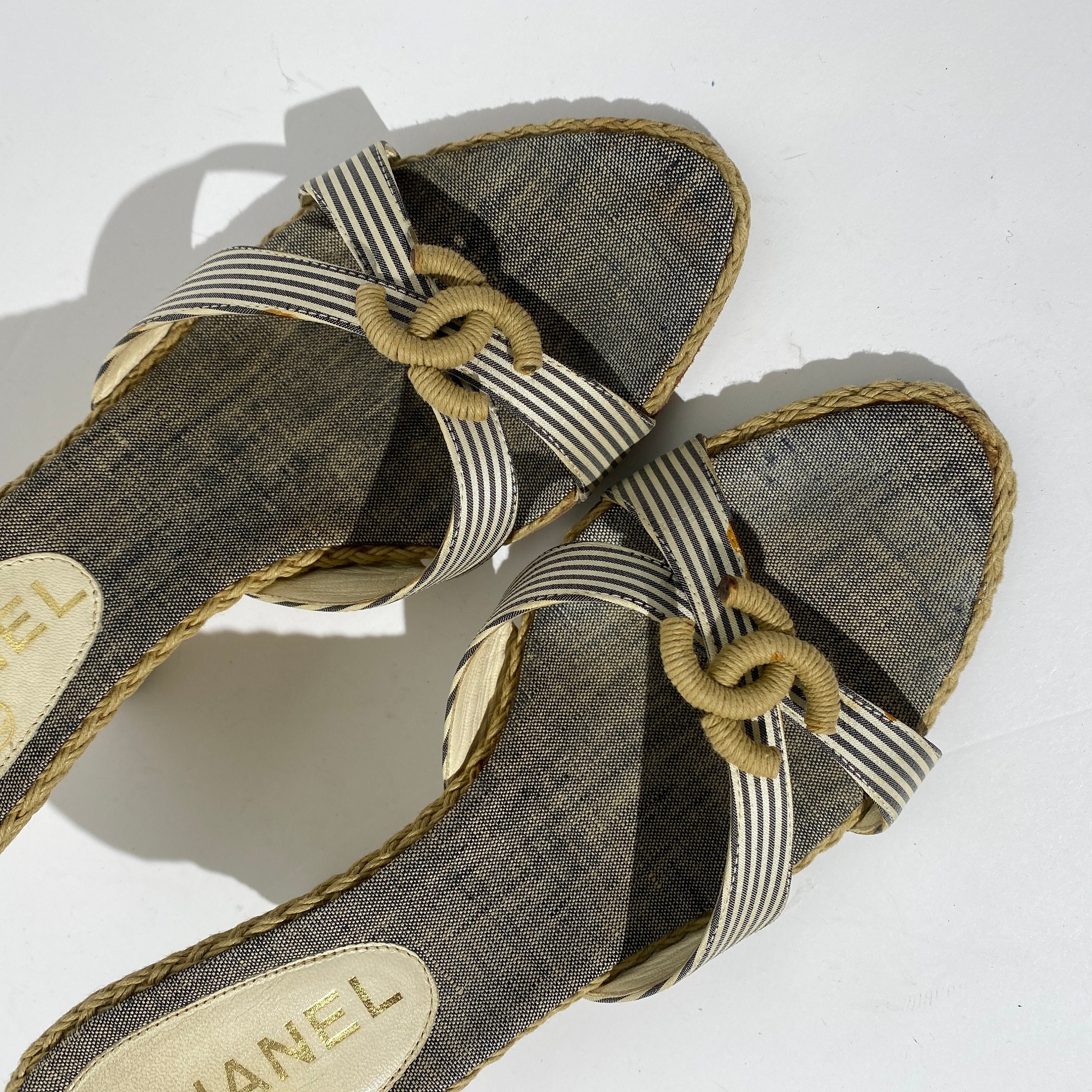 Chanel CC Gray Striped Espadrille Wedge Sandals - Etsy