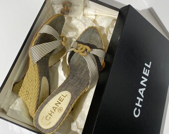 Chanel CC Gray Striped Espadrille Wedge Sandals - Etsy