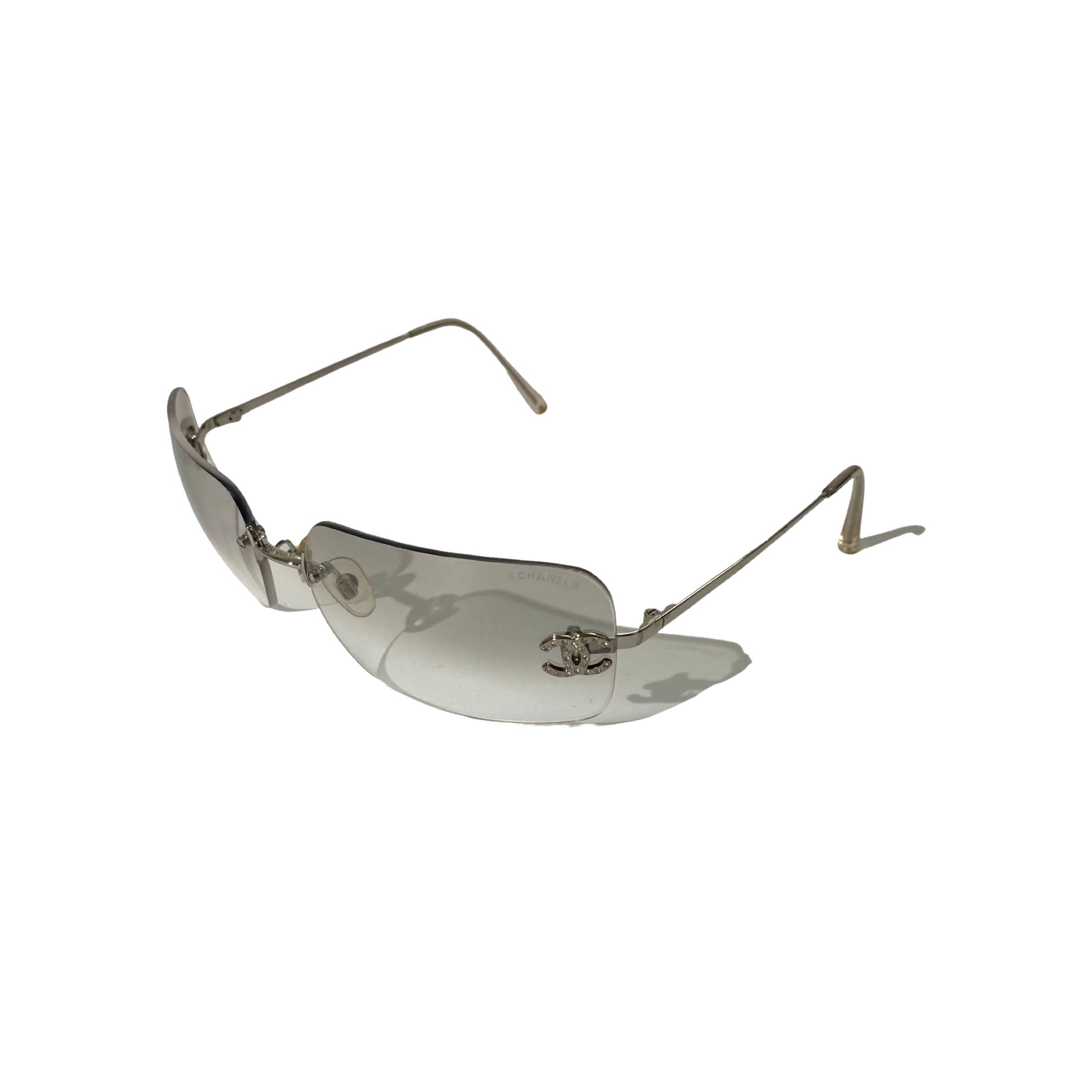 Chanel Sunglasses Logo Rimless Reflective Oval Silver CC 