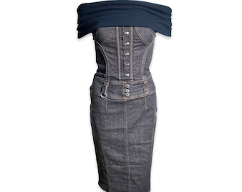 Dolce and Gabbana Corset Denim Midi Off Shoulder Dress