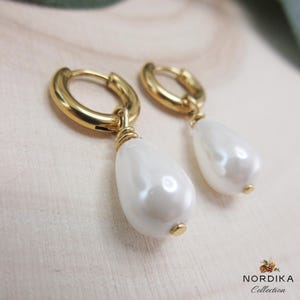 Pearl Huggie Hoop Earrings, Gold Dainty Teardrop Dangle, Bridal Silver Wedding  Bridesmaid Jewelry Gift