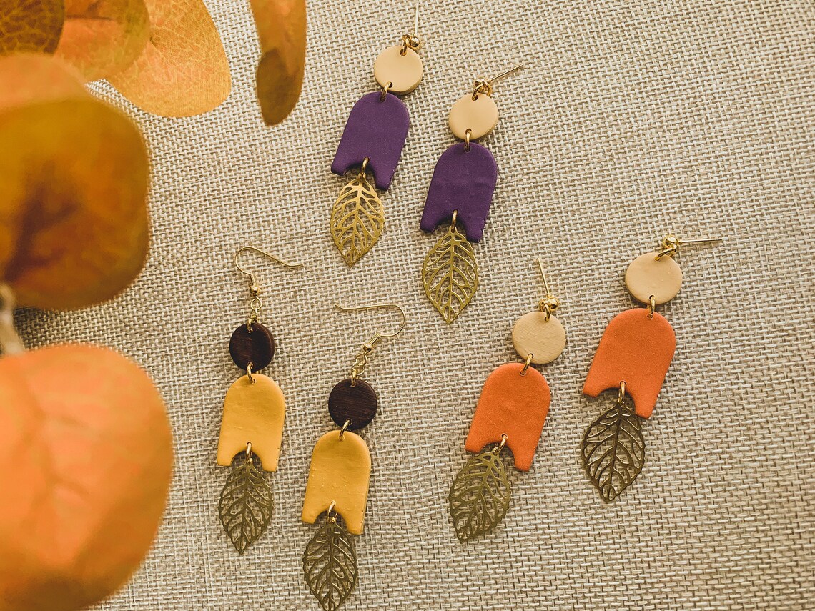 Gold Leaf Dangle Earrings/ Polymer Clay Earrings/ Chic Etsy