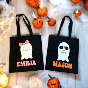 Personalized Halloween Trick or Treat Bag - Custom Name Ghost Tote Bag, Kids Halloween Trick or Treat Bag with Name, Boy or Girl