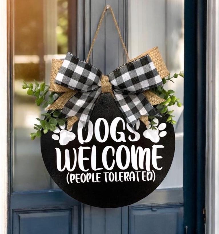 "Dogs Welcome People Tolerated" Wooden Sign | Distressed Brown Dog Lover Decor | 12.5x6 Inch With Jute Rope