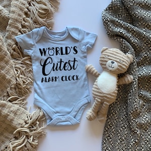 World&#39;s Cutest Alarm Clock Baby Bodysuit - Blue/Gray Unisex Onesie, Funny Baby Onesie, Baby Shower Gift